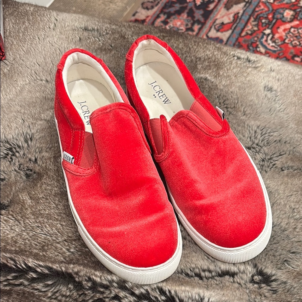 J.Crew Red Velvet Slip-On Sneakers